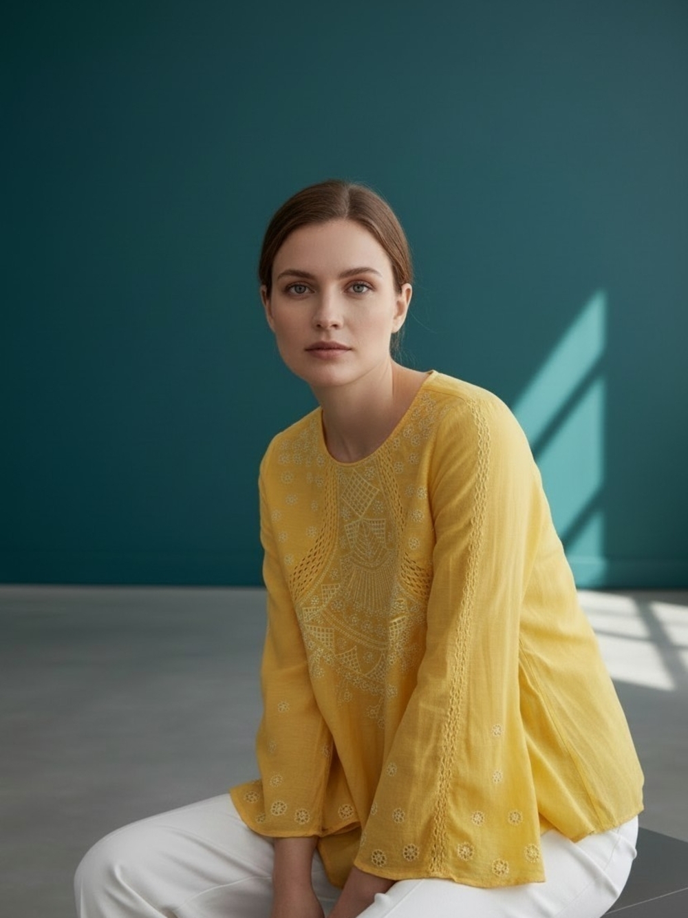 LABEL RITU KUMAR Chanderi Daisy Embroidered Bell Sleeve Blouse Yellow Small
